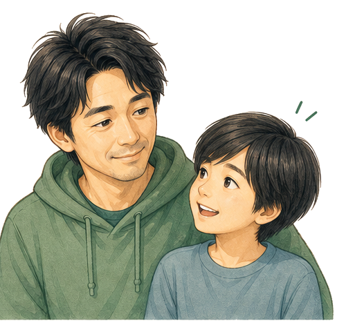 相棒の後ろ姿をやさしく見つめるひろとのイラスト