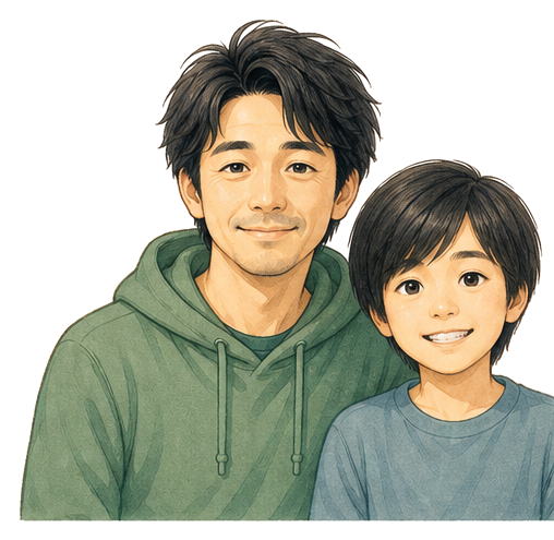 ひろとと息子が並んで笑っているイラスト